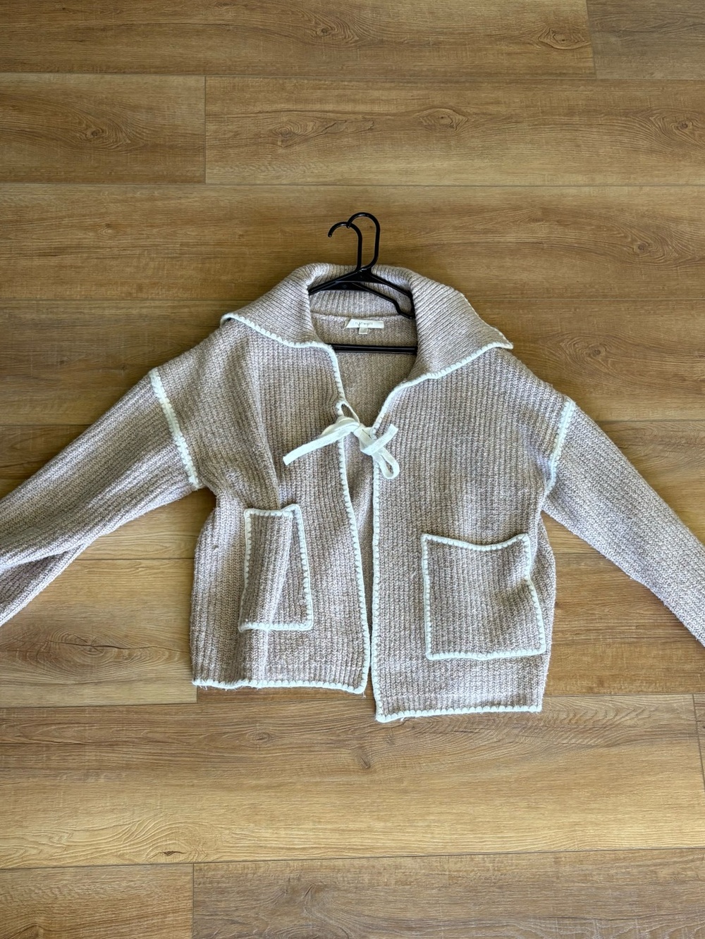 Anthropologie Taupe Knit Cardigan with White Trim